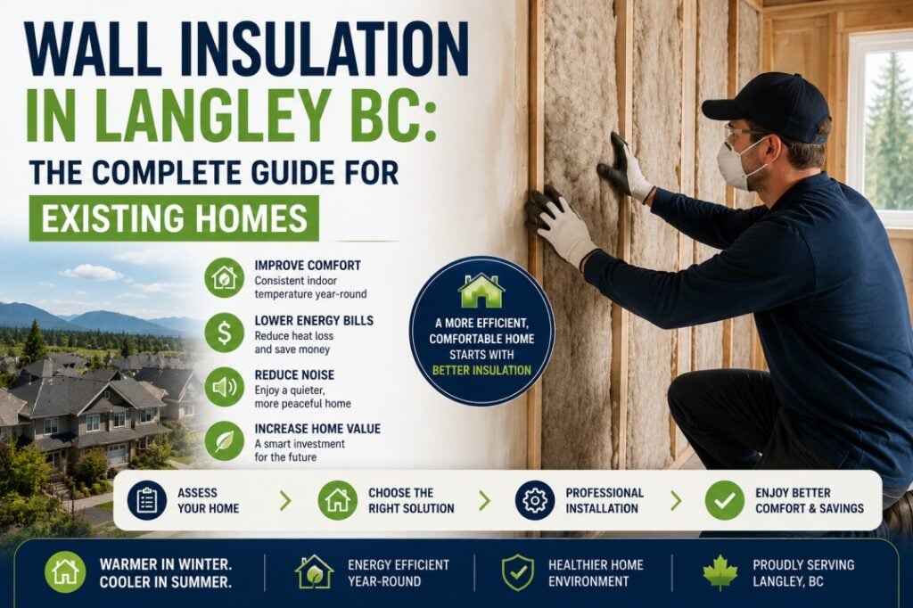 Professional contractor installing wall insulation inside an existing home in Langley, BC, illustrating energy-efficient insulation upgrades that improve comfort, reduce heat loss, and lower utility bills.
